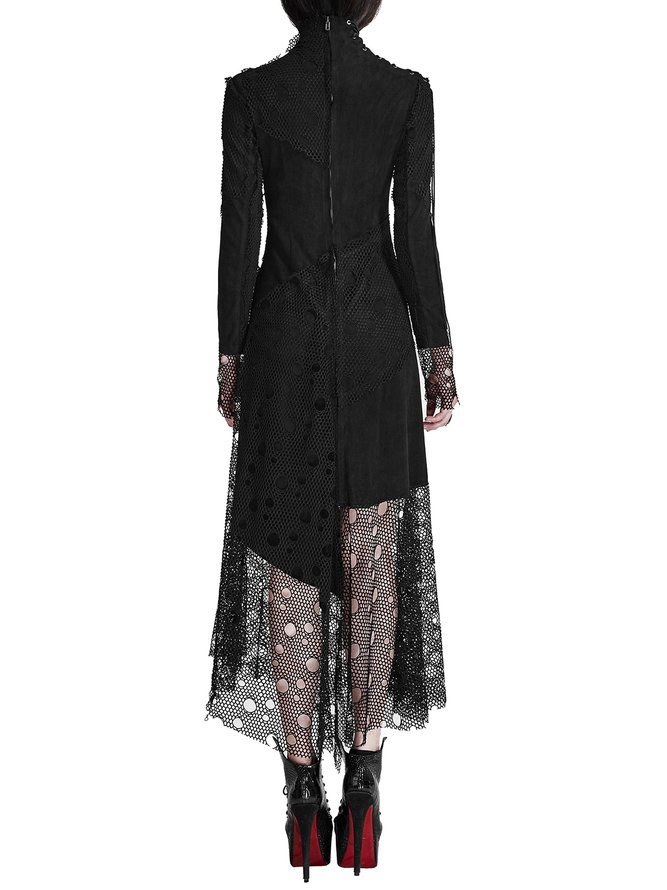 Black Mesh Stand Collar Long Sleeve Midi Dress